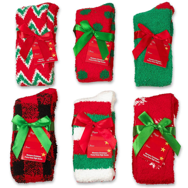 Women'S Soft Knee High Fuzzy Sock, Holiday Christmas Slipper Socks, Holiday Stocking Stuffers, Snowflake Fuzzy Socks, 6 Pack, Size 9-11