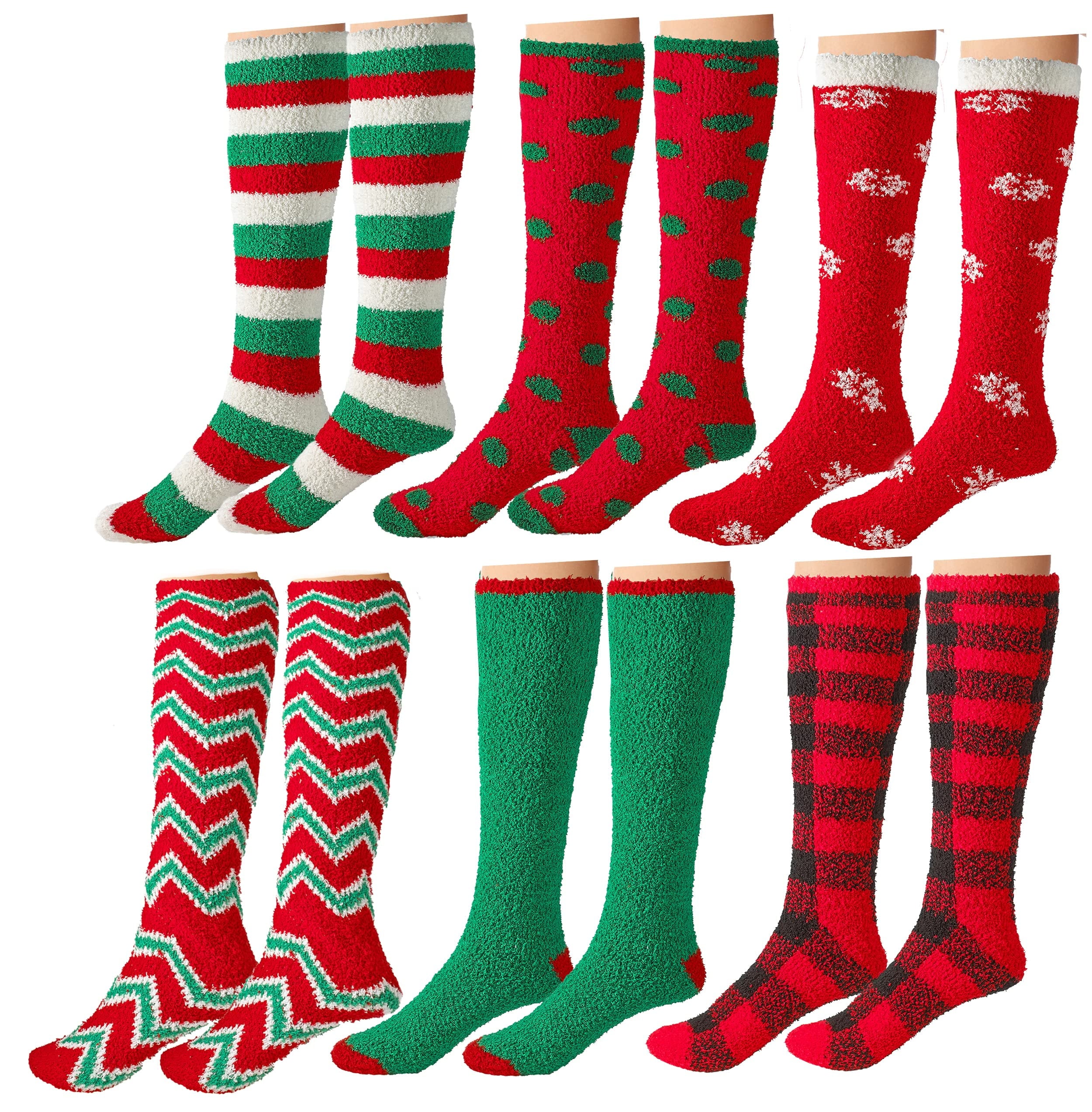 Women'S Soft Knee High Fuzzy Sock, Holiday Christmas Slipper Socks, Holiday Stocking Stuffers, Snowflake Fuzzy Socks, 6 Pack, Size 9-11