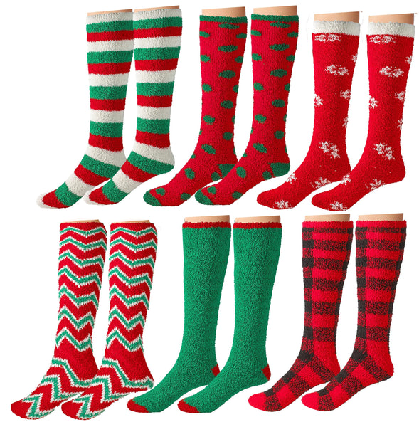 Women'S Soft Knee High Fuzzy Sock, Holiday Christmas Slipper Socks, Holiday Stocking Stuffers, Snowflake Fuzzy Socks, 6 Pack, Size 9-11